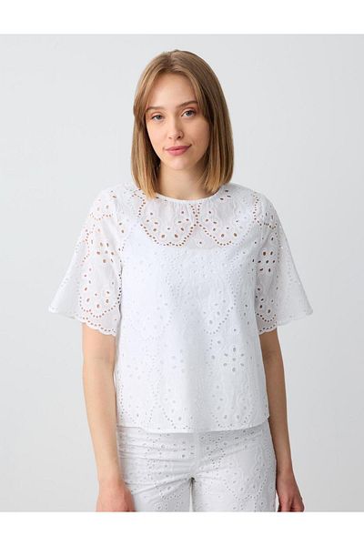 Jimmy Key White 100% Cotton Relaxed Fit Openwork Round Neck Blouse