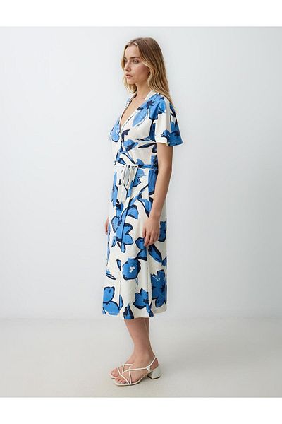 Jimmy Key Navy Blue V-Neck Short Sleeve Floral Pattern Knitted Midi Dress