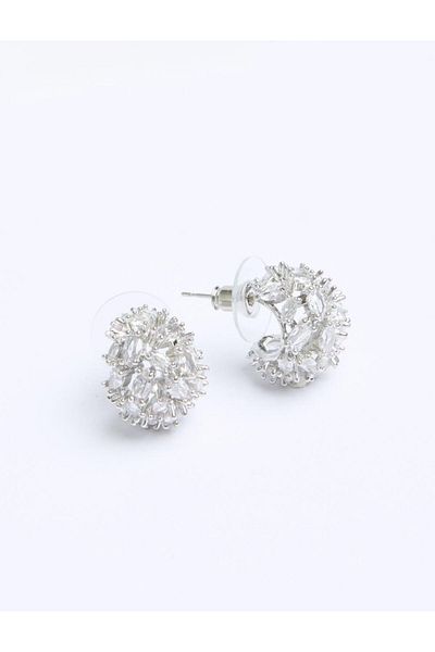 Jimmy Key Silver Color Shiny Stone Round Elegant Earrings