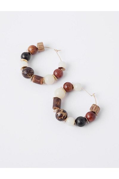 Jimmy Key Mixed Wood Look Bead Detailed Hoop Earrings