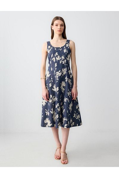 Jimmy Key Navy Blue Square Neck Strap Floral Patterned Woven Midi Dress