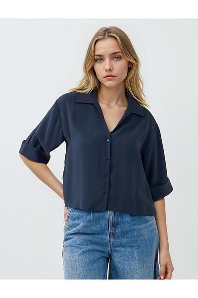 Jimmy Key Navy Blue Straight Cut Elbow Sleeve Short Woven Shirt