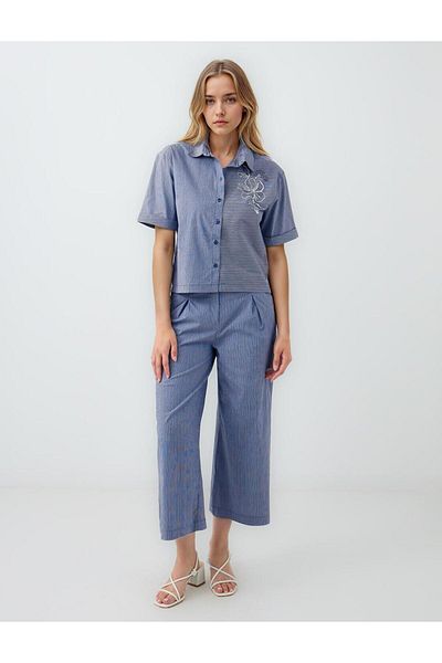 Jimmy Key Navy Blue Short Sleeve Beaded Woven Shirt