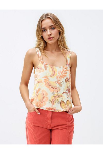 Jimmy Key Yellow Strap Square Neck Patterned Woven Blouse