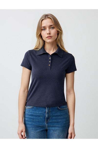 Jimmy Key Navy Blue Straight Cut Shirt Collar Short Sleeve Knitted T-Shirt