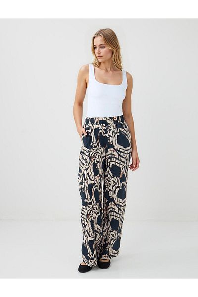 Jimmy Key Navy Blue Patterned High Waist Wide Leg Woven Trousers