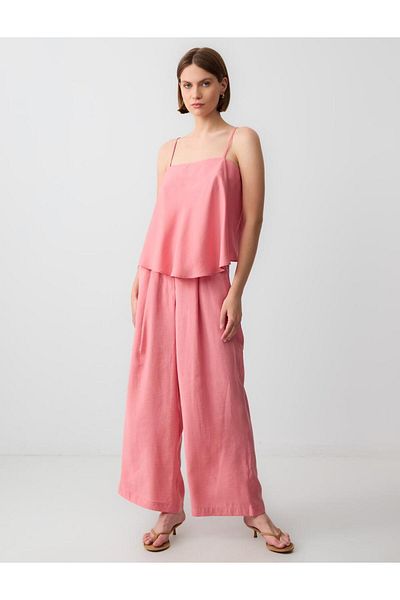 Jimmy Key Pink Strap Plain Collar Short Woven Blouse
