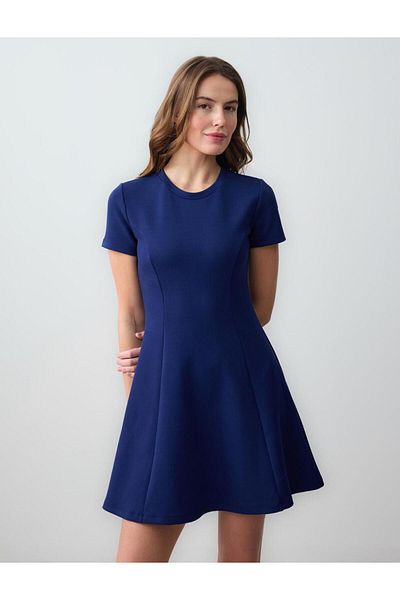 Jimmy Key Navy Blue Short Sleeve Crew Neck Knitted Mini Dress