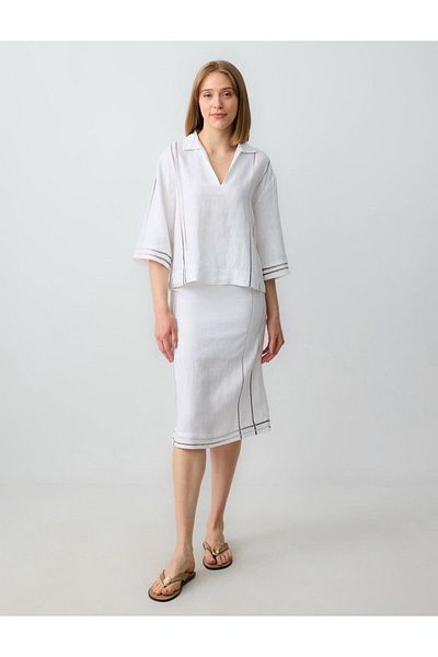 Jimmy Key White 100% Linen Normal Waist Line Patterned Midi Skirt