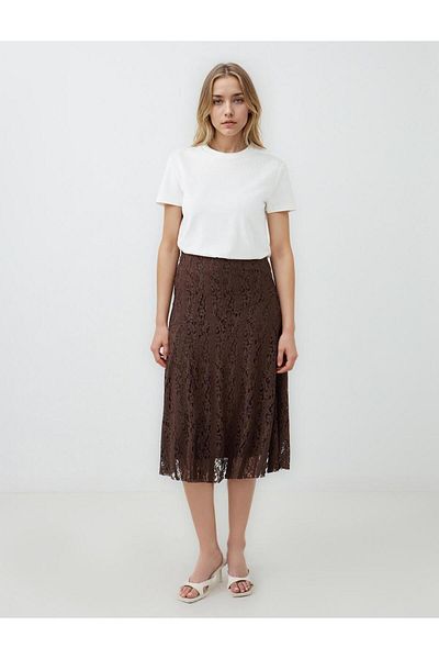 Jimmy Key Bitter Brown Straight Cut Lace Detailed Regular Waist Midi Knitted Skirt