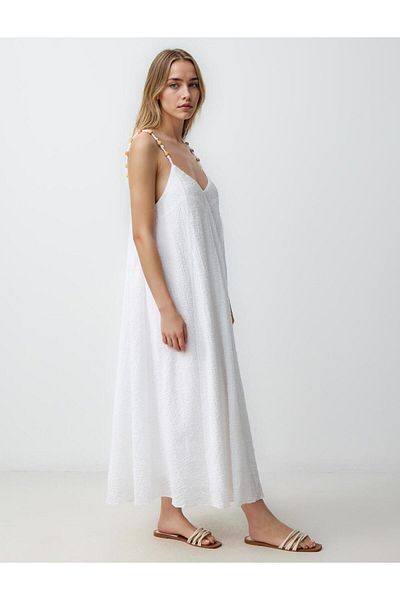 Jimmy Key Ecru Relaxed Cut Strap V Neck Long Dress