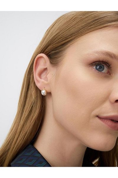 Jimmy Key Gold Color Pearl Detailed Shiny Elegant Earrings