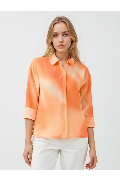 Jimmy Key Orange Straight Cut Three Quarter Sleeve Color Transition Modal Woven Shirt