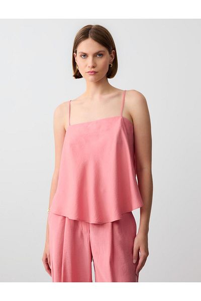 Jimmy Key Pink Strap Plain Collar Short Woven Blouse