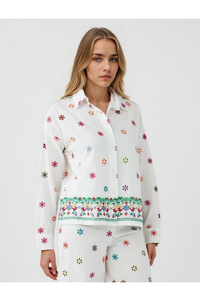 Jimmy Key Ecru 100% Cotton Floral Patterned Shirt Collar Woven Shirt