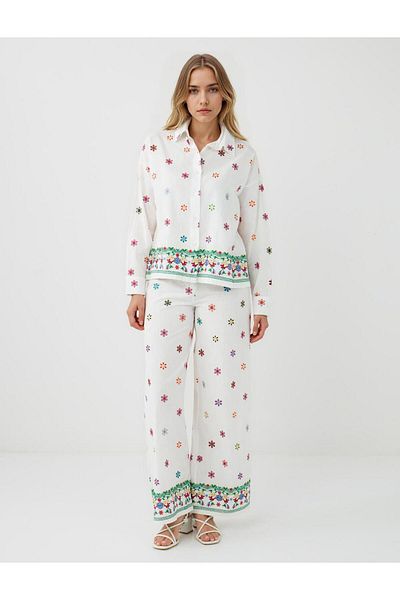 Jimmy Key Ecru 100% Cotton Relaxed Fit Wide Leg Floral Patterned Trousers