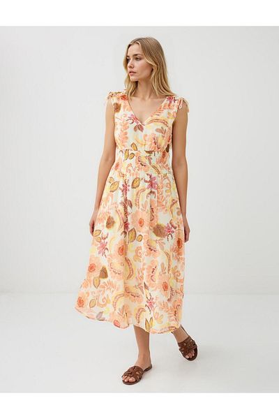 Jimmy Key Yellow Floral Patterned V-Neck Sleeveless Midi Dress