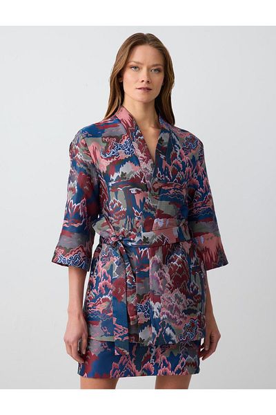 Jimmy Key Mixed Straight Cut Three Quarter Sleeve Print Long Woven Kimono