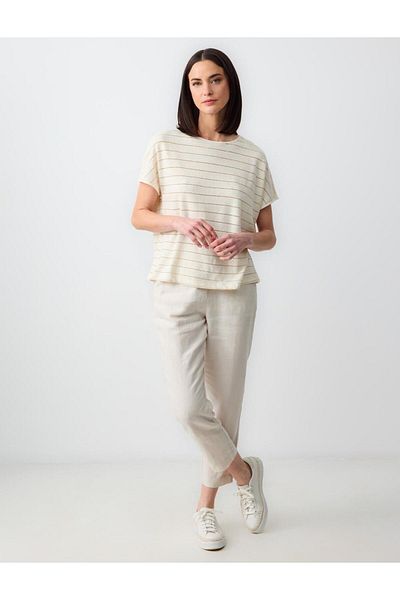 Jimmy Key Ecru Round Neck Line Patterned Short Sleeve Linen T-Shirt