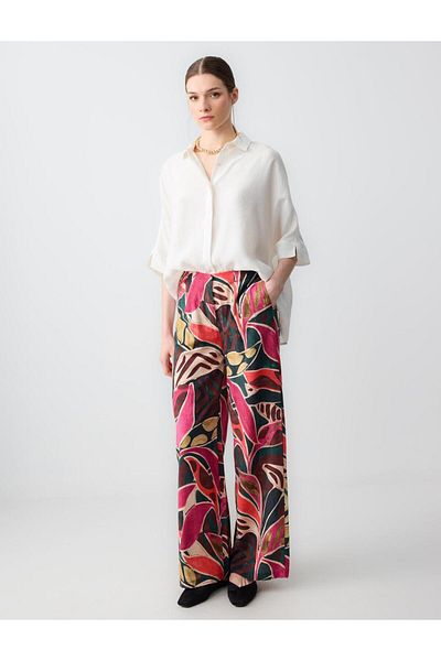 Jimmy Key Mixed Relaxed Cut High Waist Loose Wide Leg Floral Pattern Linen Pants