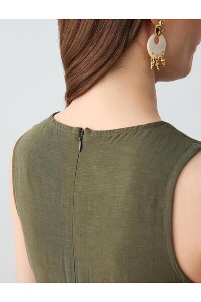 Jimmy Key Χακί Χαλαρή Εφαρμογή Στρογγυλή λαιμόκοψη Αμάνικο λινό μίντι φόρεμα