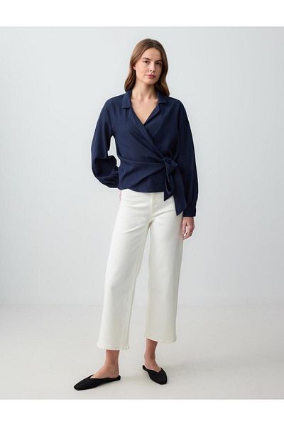 Jimmy Key Navy Blue Relaxed Cut Long Sleeve Shirt Collar Woven Blouse