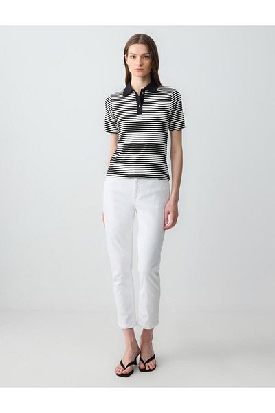 Jimmy Key Black Polo Neck Short Sleeve Stripe Patterned Knitted Blouse