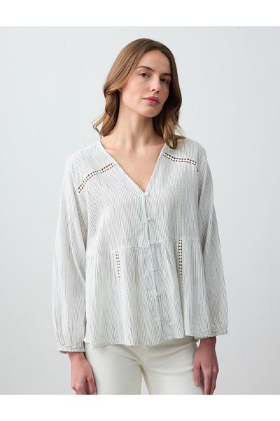 Jimmy Key Ecru Relaxed Cut V-Neck Long Sleeve Patterned Woven Blouse