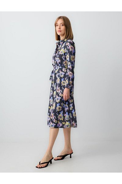 Jimmy Key Navy Blue Floral Print Shirt Collar Long Sleeve Woven Midi Dress
