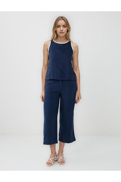 Jimmy Key Navy Blue 100% Linen Relaxed Cut High Waist Loose Wide Leg Woven Trousers