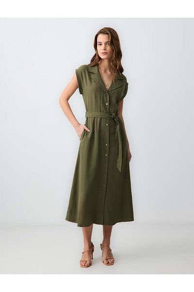 Jimmy Key Khaki Short Sleeve Shirt Collar Linen Blend Midi Dress