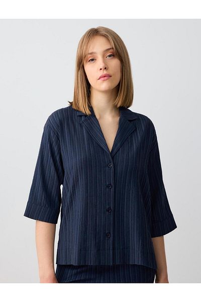 Jimmy Key Navy Blue Straight Cut Three Quarter Sleeve Patterned Linen Shirt