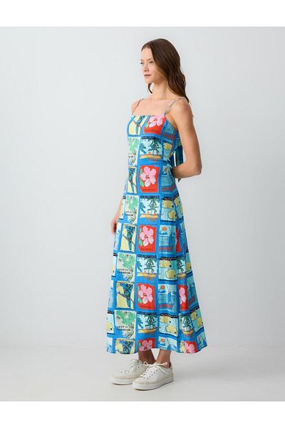 Jimmy Key Rochie midi din amestec de in, cu imprimeu floral albastru