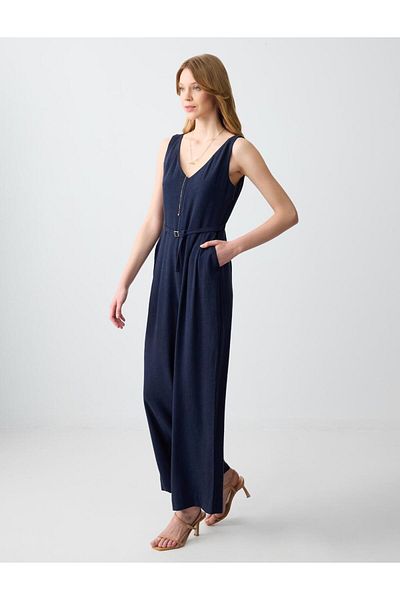 Jimmy Key Navy Blue Straight Cut Belt Detailed Sleeveless Woven Linen Jumpsuit