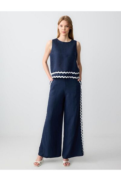 Jimmy Key Navy Blue 100% Linen Relaxed Cut High Waist Loose Wide Leg Patterned Trousers