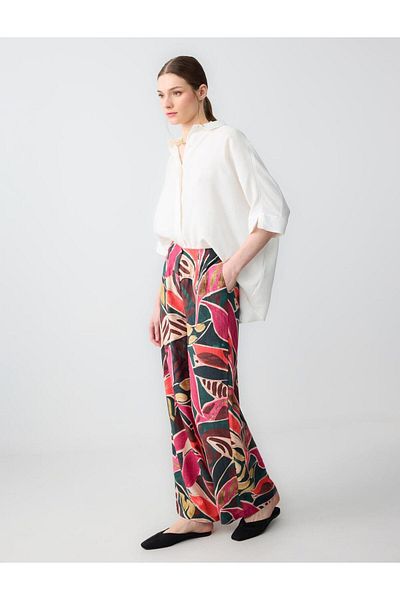 Jimmy Key Mixed Relaxed Cut High Waist Loose Wide Leg Floral Pattern Linen Pants