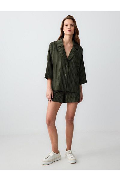 Jimmy Key Khaki High Waist Regular Leg Patterned Linen Blend Shorts