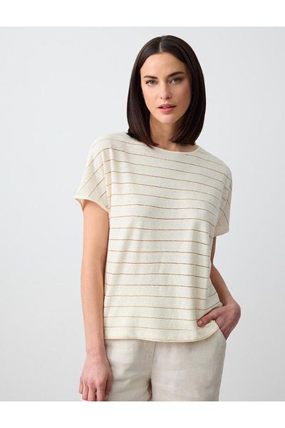 Jimmy Key Ecru Round Neck Line Patterned Short Sleeve Linen T-Shirt