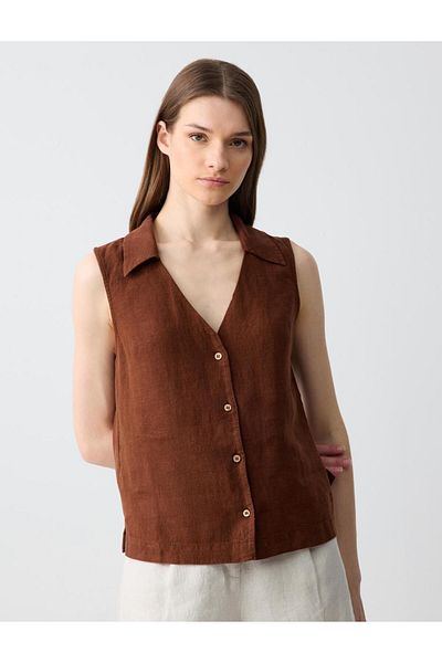 Jimmy Key Горчиво кафява риза без ръкави Slim Fit от 100% лен