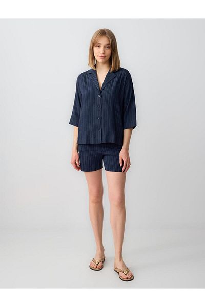 Jimmy Key Navy Blue Straight Cut Three Quarter Sleeve Patterned Linen Shirt