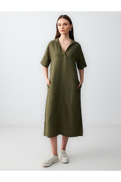 Jimmy Key Khaki 100% Linen Relaxed Cut Shirt Collar Short Sleeve Midi Dress
