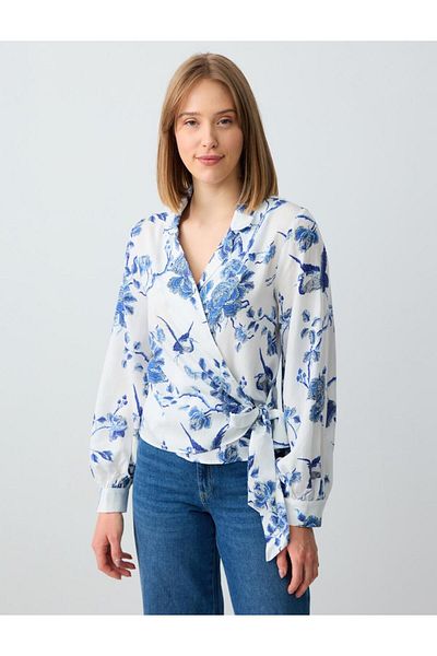 Jimmy Key White Relaxed Cut Long Sleeve Double Breasted Collar Print Blouse