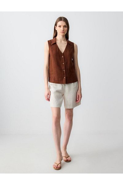 Jimmy Key Горчиво кафява риза без ръкави Slim Fit от 100% лен