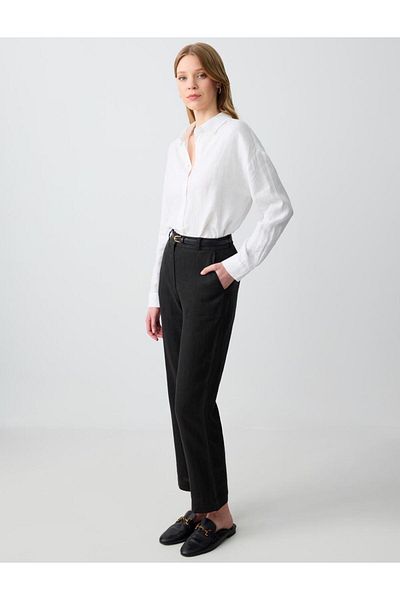 Jimmy Key Black 100% Linen Straight Cut High Waist Regular Leg Woven Trousers