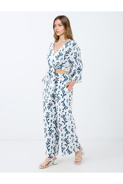 Jimmy Key Green High Waist Wide Leg Relaxed Cut Patterned Linen Trousers