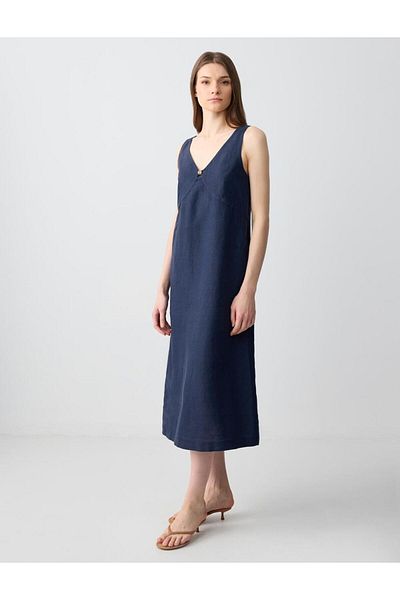 Jimmy Key Navy Blue 100% Linen Relaxed Cut V-Neck Sleeveless Midi Dress