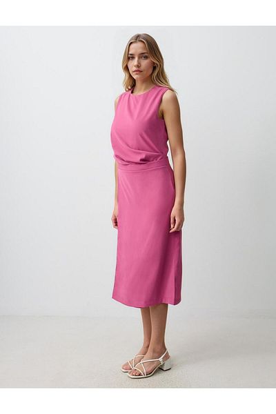 Jimmy Key Dusty Rose Straight Cut Round Neck Sleeveless Woven Midi Dress