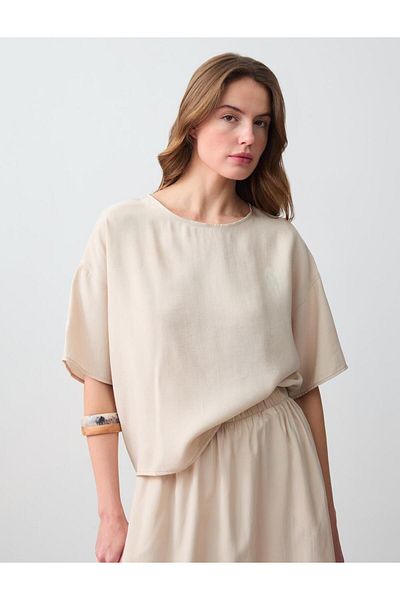 Jimmy Key Mink Relaxed Cut Short Sleeve Round Neck Modal Woven Blouse