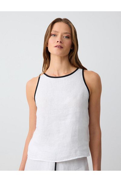 Jimmy Key White 100% Linen Round Neck Straight Cut Tank Top