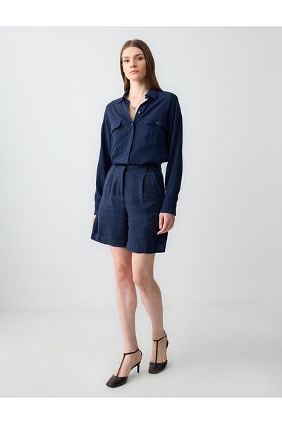 Jimmy Key Navy Blue 100% Linen Straight Cut High Waist Loose Wide Leg Woven Shorts